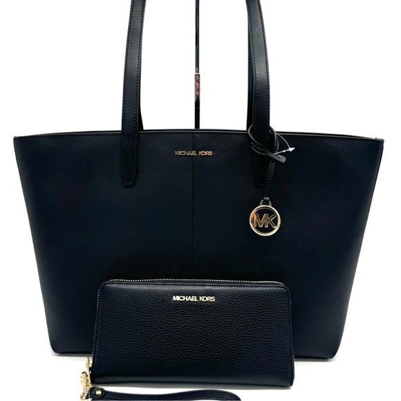 Michael Kors Medium Jet Set Travel Zip Tote Bag & Continental Wallet Black/Gold - Picture 1 of 13
